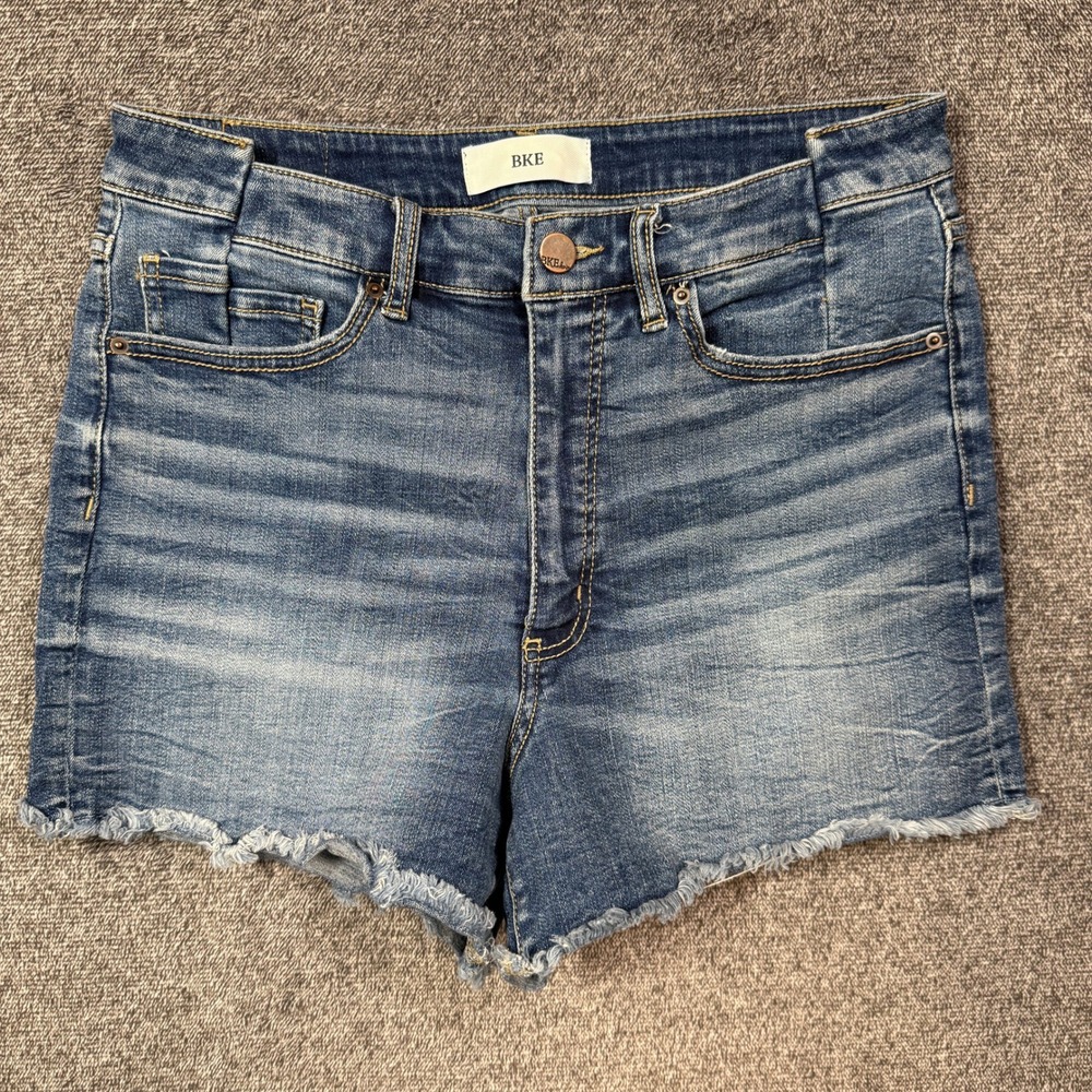BKE Billie High Rise Denim Shorts Medium Wash Frayed Hem Size 31